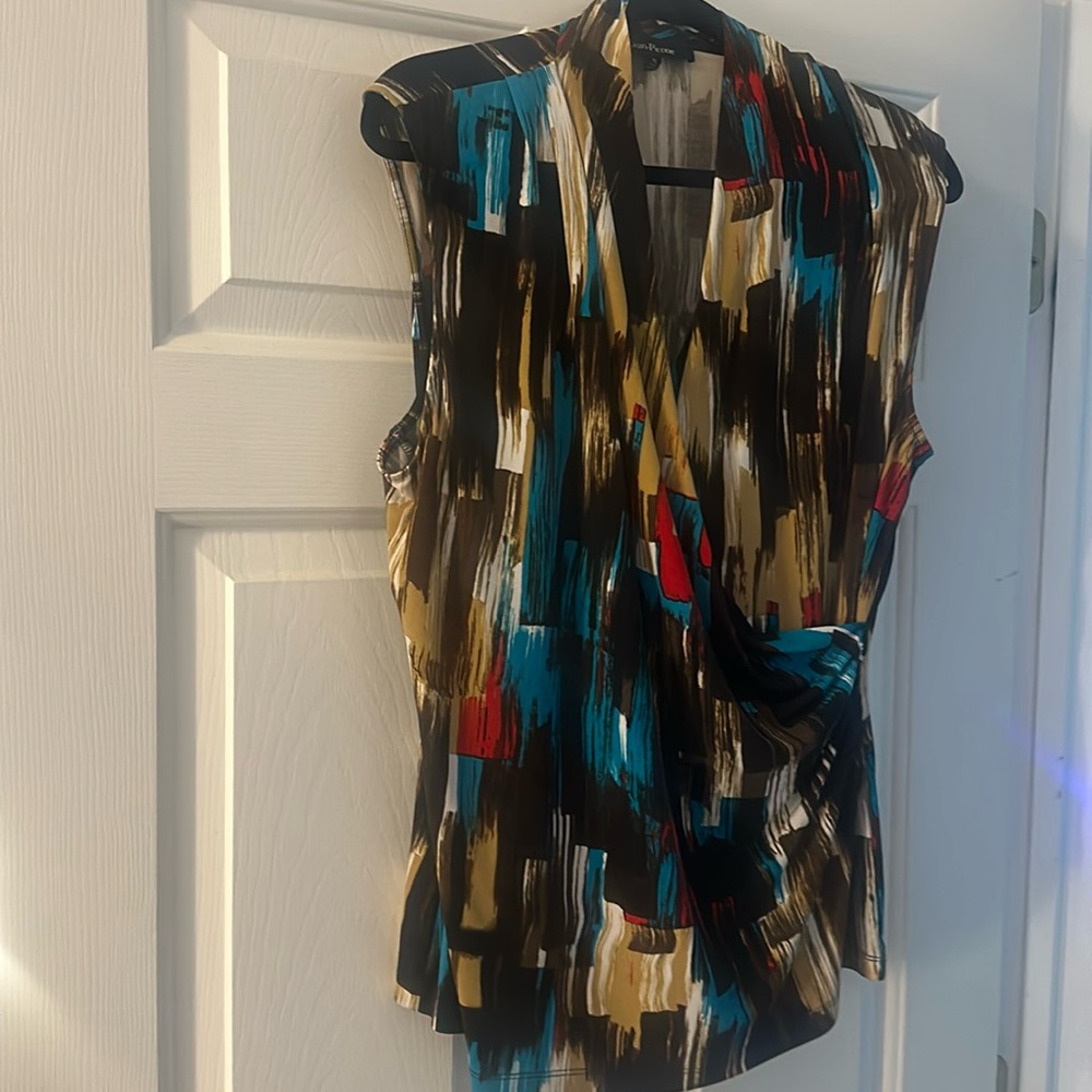 Evan Picone faux wrap top-multi color with brown, turquoise and tan tones.